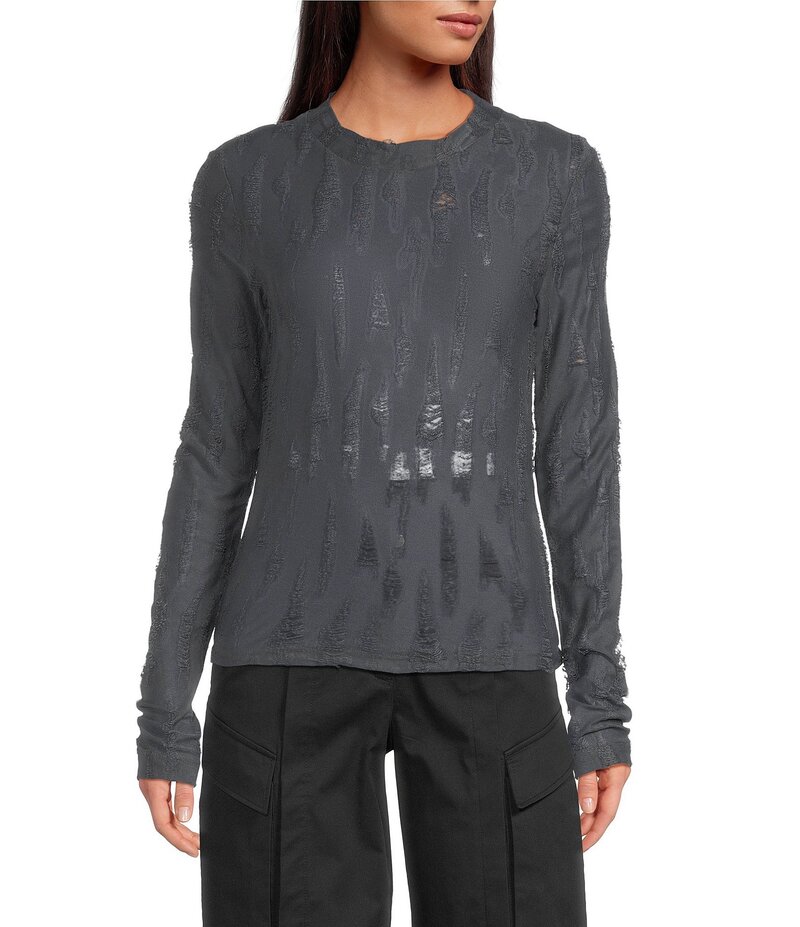 イロ レディース トップス シャツ モックネック ニット IRO Guillia Distressed Knit Jacquard Mock Neck Long Sleeve Top Anthracite