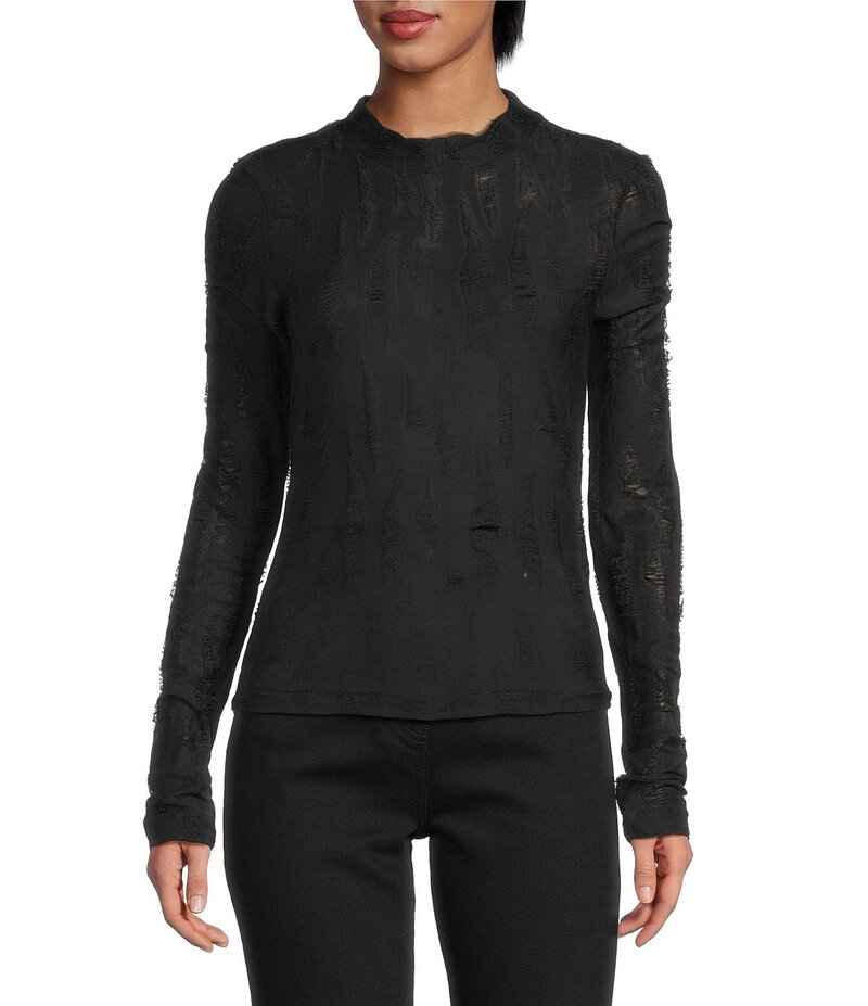 イロ レディース トップス シャツ モックネック ニット IRO Guillia Distressed Knit Jacquard Mock Neck Long Sleeve Top Black ブラック