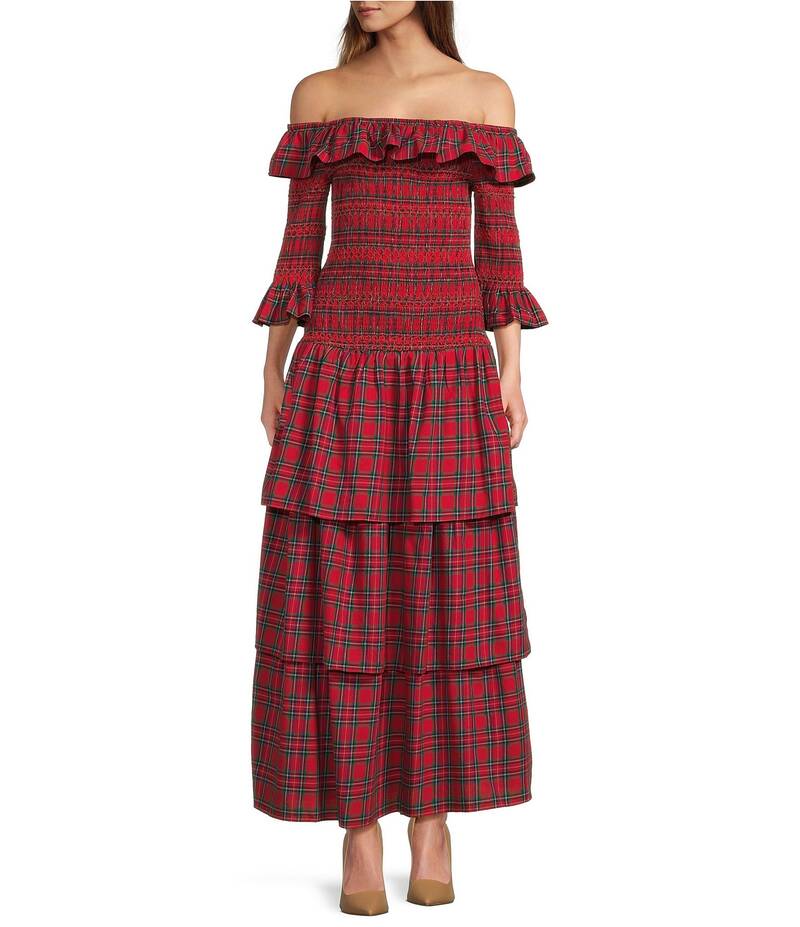シュガーリップス レディース トップス 衣装 ティアード マキシ衣装 刷り上げる フラウンス マキシ Sugarlips Plaid Print Off-The-Shoulder 3/4 Sleeve Drop Waist Ruffle Tiered Maxi Dress Red Multi 赤いこと