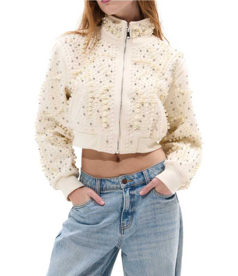 アザレア ワン レディース アウター コート クロップド ジャケット Azalea Wang Ethel Solid Pearl Accent Stand Collar Zip Front Cropped Jacket Cream クリーム