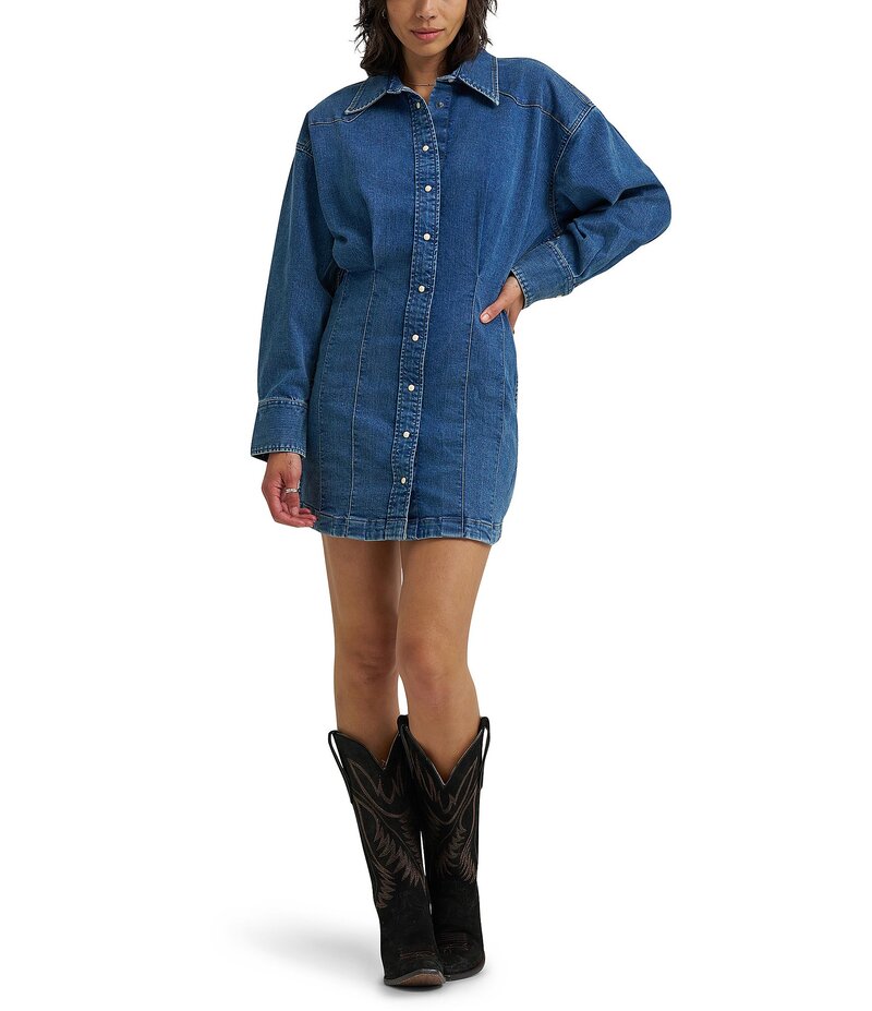 ラングラー レディース トップス 衣装 ミニ衣装 ミニ スコート ジーンズ Wrangler Darted Skirt Collar Neckline Long Sleeve Denim Mini Dress Sapphire Trace サファイア