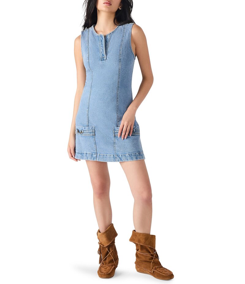 スティーブ マデン レディース トップス ワンピース クルーネック ミニワンピース ミニ ノースリーブ デニム Steve Madden Averi Crewneck Sleeveless Denim Mini Dress Forever Blue ブルー