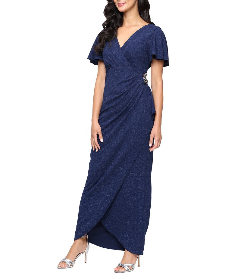 イグナイト レディース トップス ワンピース Vネック プチ ニット Ignite Evenings Petite Size Short Flutter Sleeve V-Neck Glitter Knit Gown Navy ネイビー