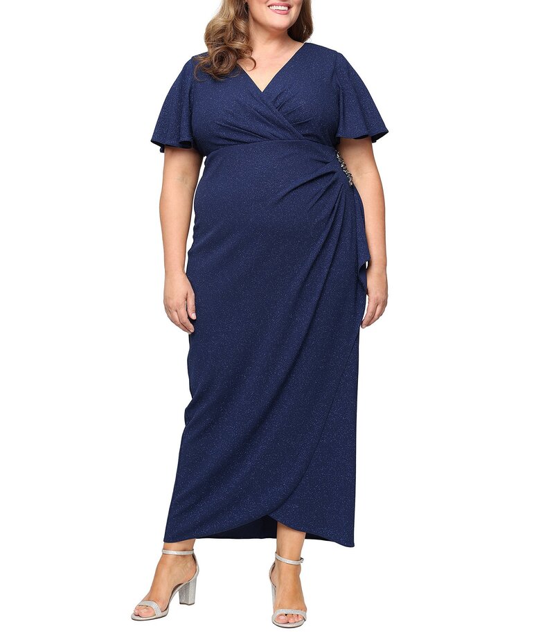 イグナイト レディース トップス ワンピース Vネック プラスサイズ ニット Ignite Evenings Plus Size Short Flutter Sleeve V-Neck Glitter Knit Dress Navy ネイビー