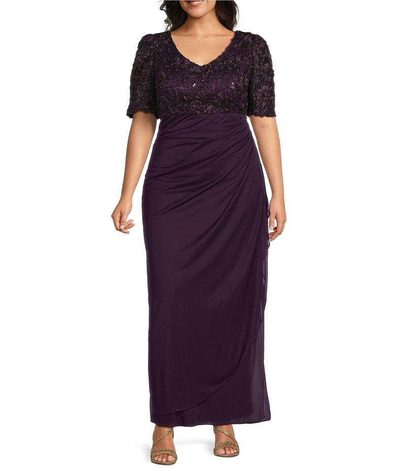 アレックスイブニングス レディース トップス ワンピース Vネック プラスサイズ フリル エンパイア レース Alex Evenings Plus Size Lace Soutache Bodice V-Neck Short Sleeve Cascade Ruffle Empire Waist Dress Deep Plum プラム