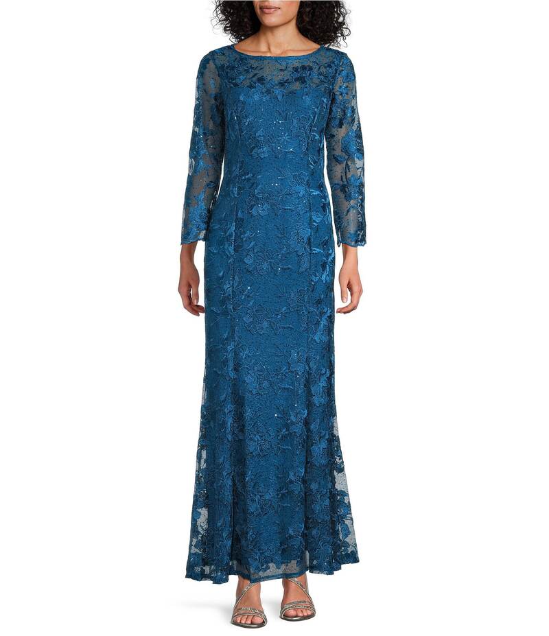 マリナ レディース トップス ワンピース メッシュ スパンコール 刺繍 レース Marina Sequin Embroidered Mesh Lace Illusion Neckline 3/4 Sleeve Gown Teal ティール