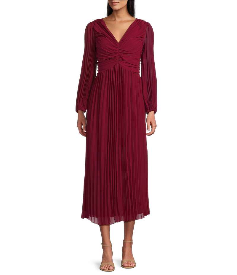 マリナ レディース トップス ワンピース Vネック シフォン プリーツ Marina Long Puff Sleeve V-Neck Pleated Chiffon Dress Wine ワイン