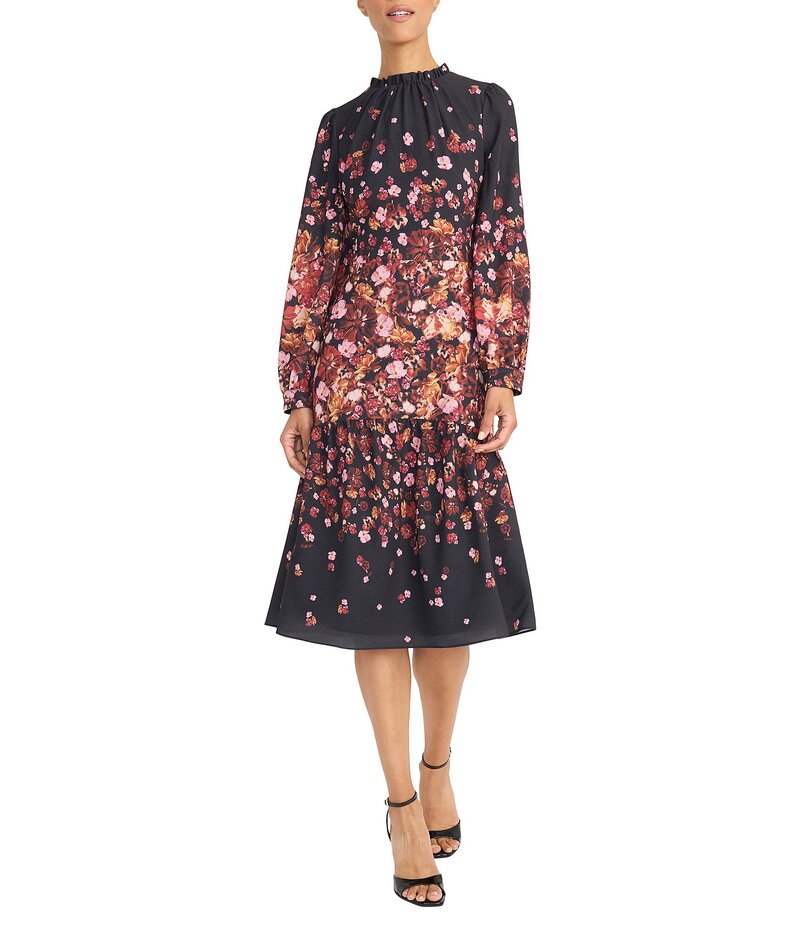 マギーロンドン レディース トップス ワンピース クレープ ミディワンピース フラワー柄 ミディ フラワー Maggy London Bubble Crepe Long Sleeve Floral Midi Dress Black/Rust ブラック