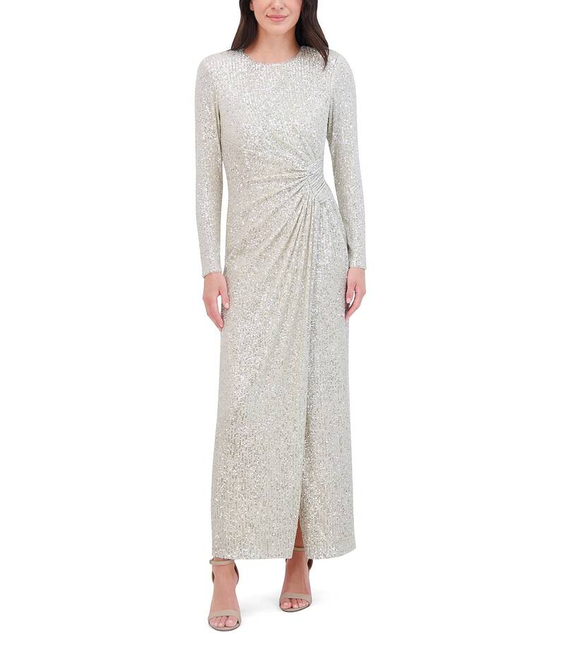 エリザジェイ レディース トップス ワンピース スパンコール Eliza J Long Sleeve Side Rouching Sequin Gown Silver シルバー