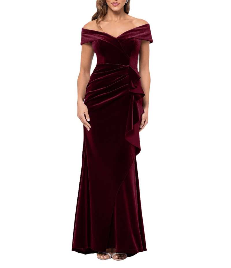 エスケープ レディース トップス ワンピース フリル ベルベット Xscape Off the Shoulder Velvet Ruffle Gown Burgundy バーガンディ