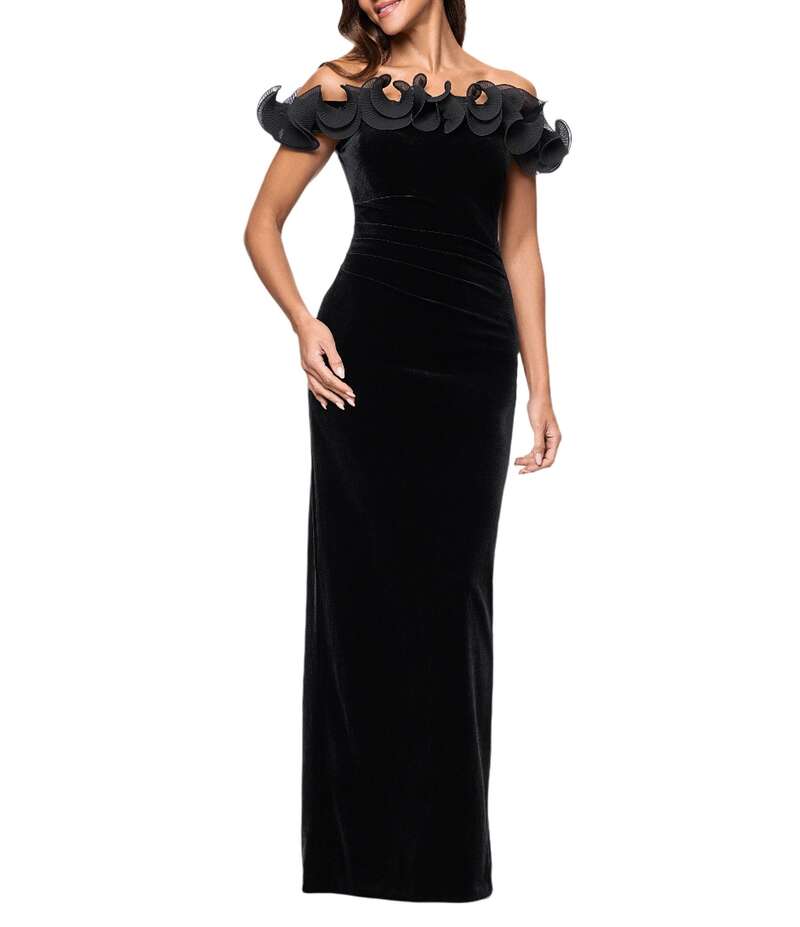 エスケープ レディース トップス ワンピース フリル ベルベット Xscape Velvet Off the Shoulder Ruffle Gown Black ブラック