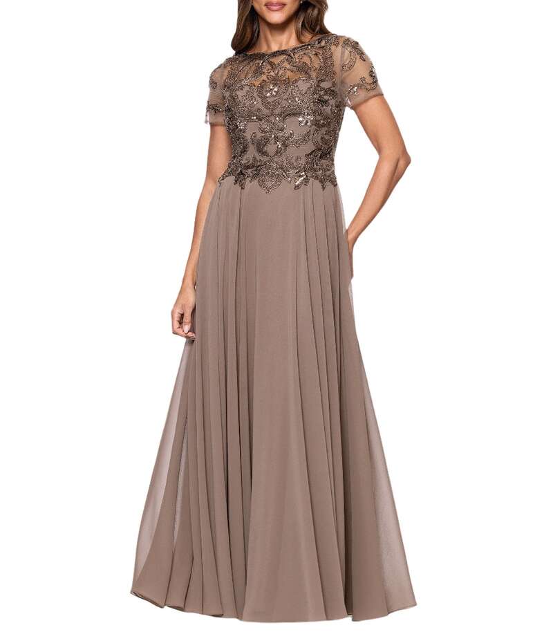 エスケープ レディース トップス ワンピース メッシュ Xscape Short Sleeve Mesh Embellished Gown Mocha モカ