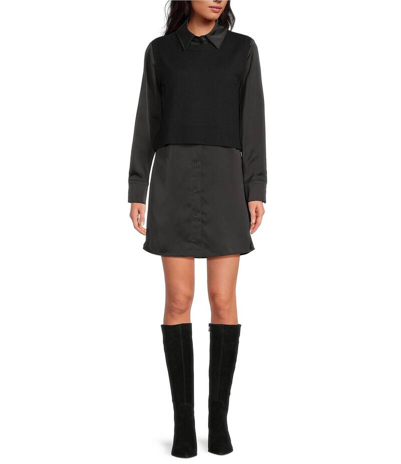 サムエデルマン レディース トップス ワンピース シャツワンピース ミニ セーター シャツ Sam Edelman Mix Media Long Sleeve Sweater Mini Shirt Dress Black ブラック