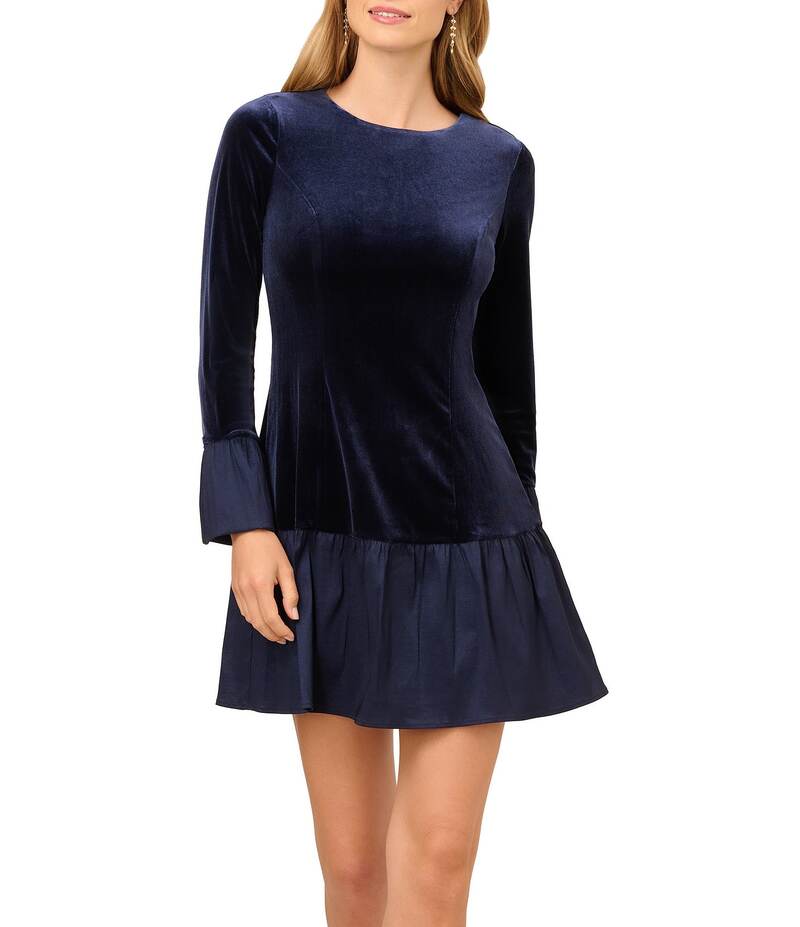 アドリアナ パペル レディース トップス ワンピース ベルベット スカート Adrianna Papell Velvet Long Sleeve Taffeta Skirt Combo Flounce Dress Midnight