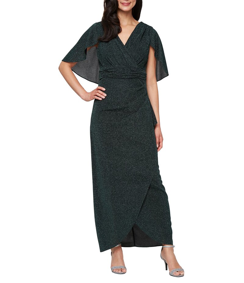 イグナイト レディース トップス ワンピース ギャザー トール キャップ ケープ ニット Ignite Evenings Metallic Knit Ruched Waist Short Capelet Sleeve Dress Pine メタリック