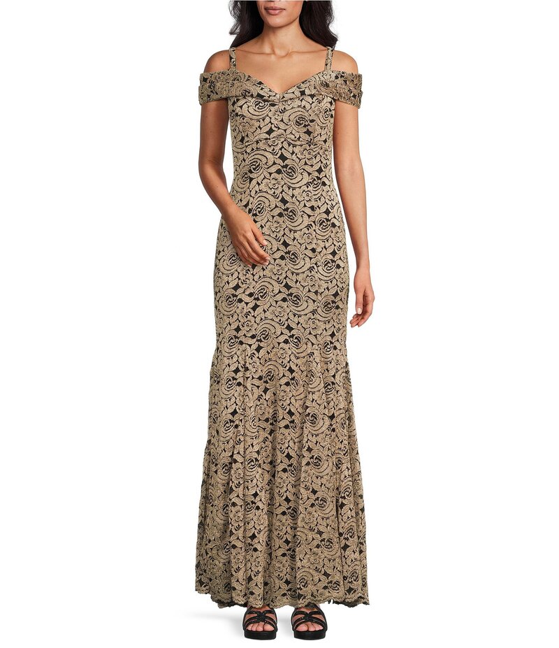 アールアンドエムリチャーズ レディース トップス ワンピース レース R & M Richards Scallop Lace Glitter Off The Shoulder Mermaid Gown Gold/Black ブラック