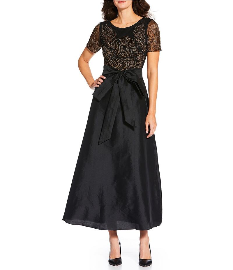ピサッロナイツ レディース トップス ワンピース クルーネック メッシュ Pisarro Nights Mesh Beaded Crew Neck Short Sleeve Belted Bow Gown Black/Gold ブラック