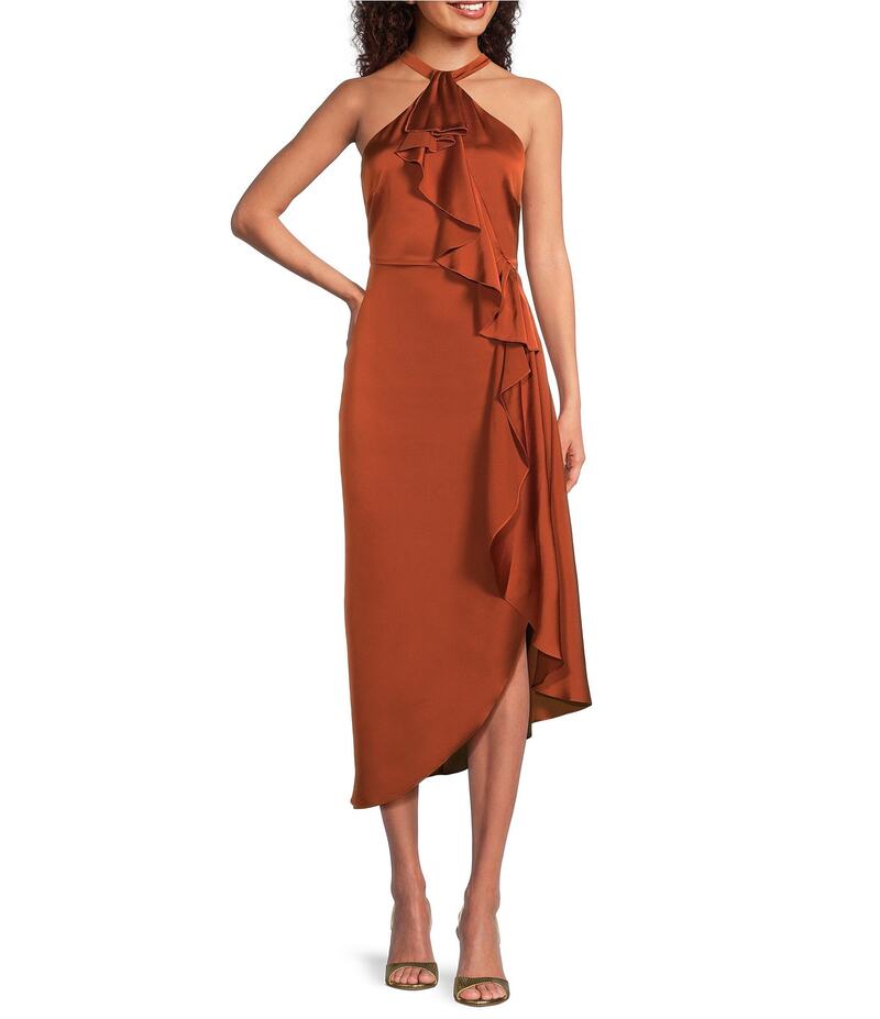 バッジェリーミシュカ レディース トップス ワンピース アシンメトリー ミディワンピース ミディ サテン ホルター Badgley Mischka Kelly Satin Halter Asymmetrical Hem Slip Midi Dress Copper