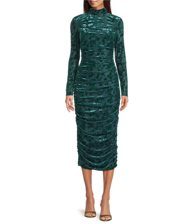 バッジェリーミシュカ レディース トップス ワンピース ボディコンワンピース ギャザー ベルベット Badgley Mischka Kendall Velvet Burnout Ruched Long Sleeve Bodycon Dress Dark Green グリーン