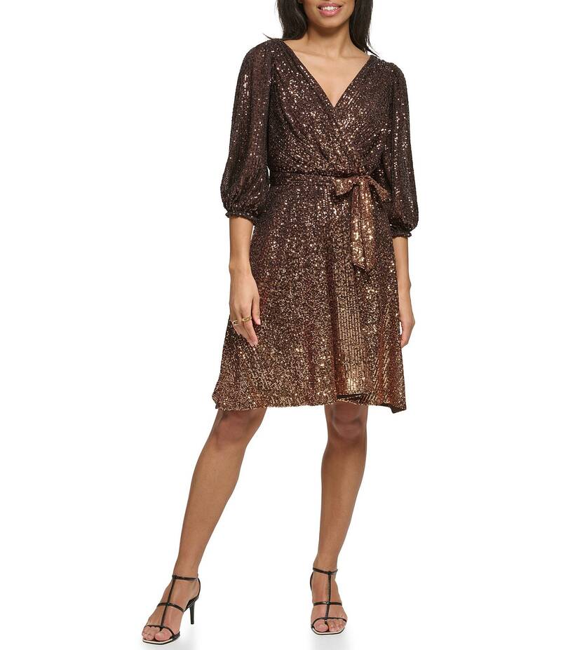 ダナキャラン レディース トップス ワンピース ラップワンピース メッシュ スパンコール ニット DKNY by Donna Karan Ombre Sequin Mesh Knit 3/4 Sleeve Faux Wrap Dress Copper Mule