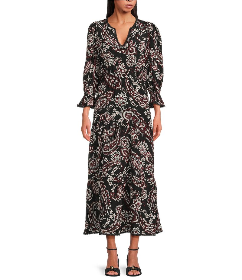 エラン レディース トップス ワンピース Vネック ミディワンピース ミディ ELAN Paisley Split V-Neck Elbow Puff Sleeve Midi Dress Black Paisley ブラック