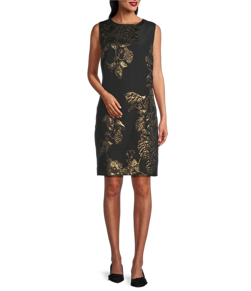 キャロライン ローズ レディース トップス ワンピース ノースリーブ Caroline Rose Gold Leaf Jacquard Scoop Neck Sleeveless Sheath Dress Gold Black ブラック