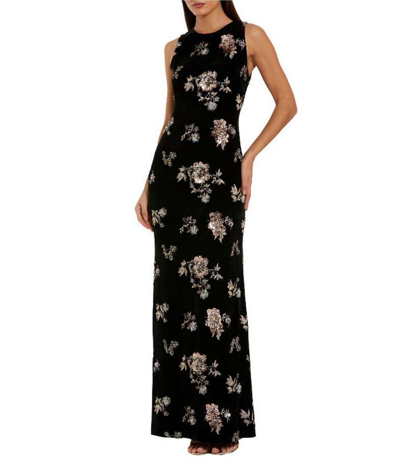 マックダガル レディース トップス ワンピース フラワー柄 ベルベット ノースリーブ フラワー Mac Duggal Floral Embellished Velvet Sleeveless Sheath Gown Black Multi ブラック