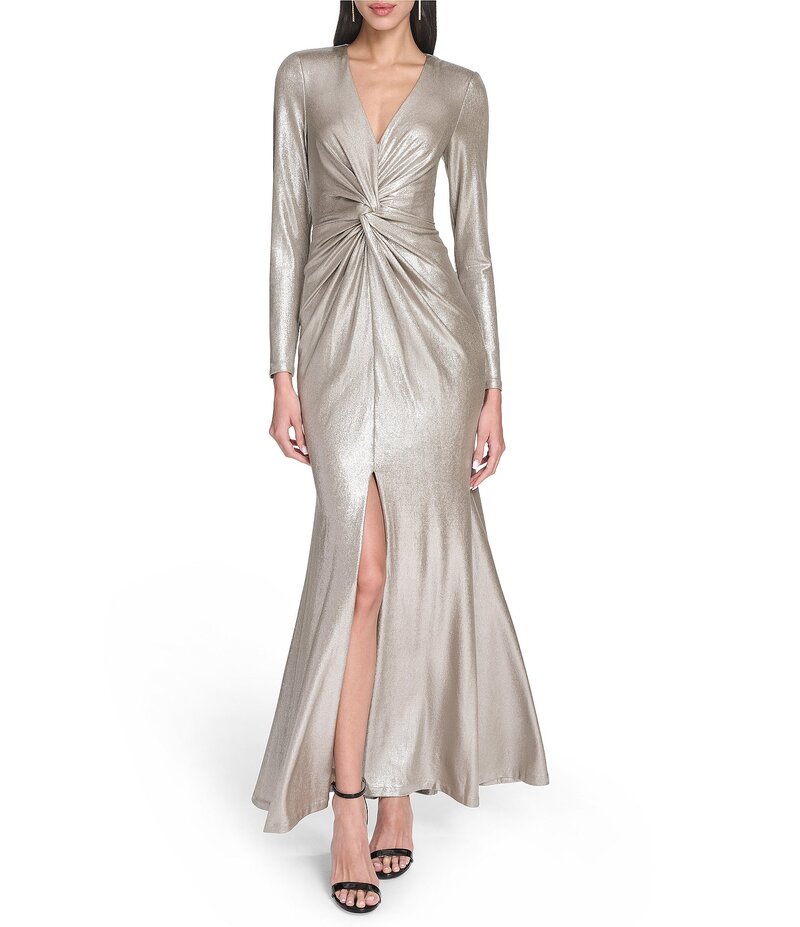 エリザジェイ レディース トップス ワンピース Vネック ニット Eliza J Foil Knit Long Sleeve V-Neck Front Twist Sheath Dress Taupe トープ