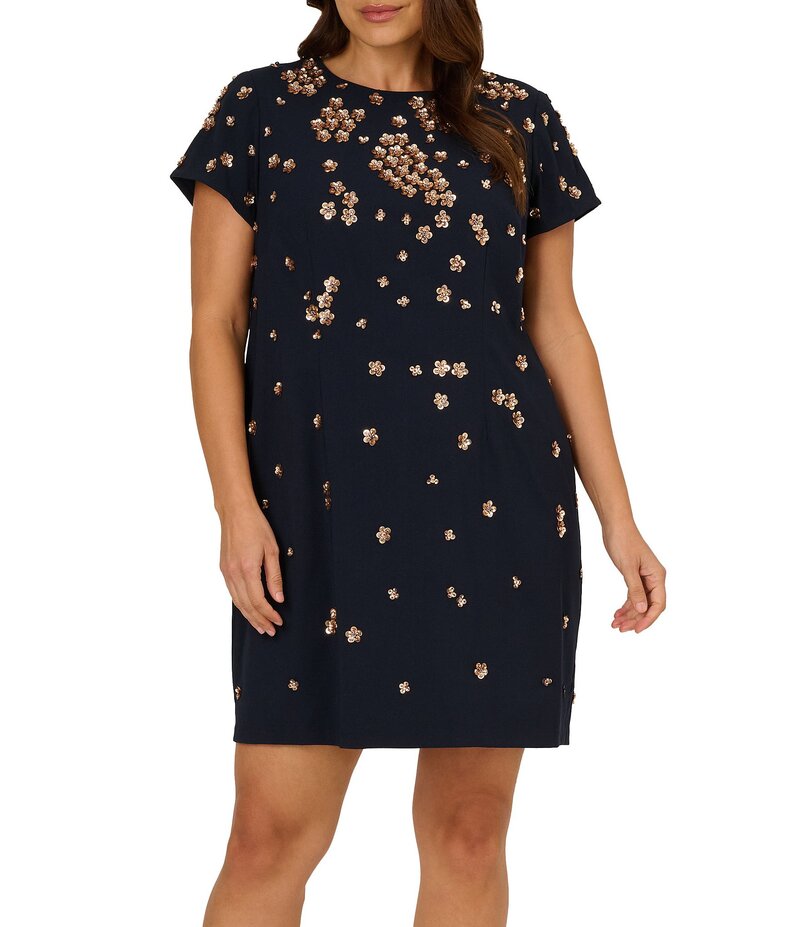アドリアナ パペル レディース トップス ワンピース クレープ プラスサイズ キャップ Adrianna Papell Plus Size Beaded Crepe Cap Sleeve Shift Dress Midnight Rose
