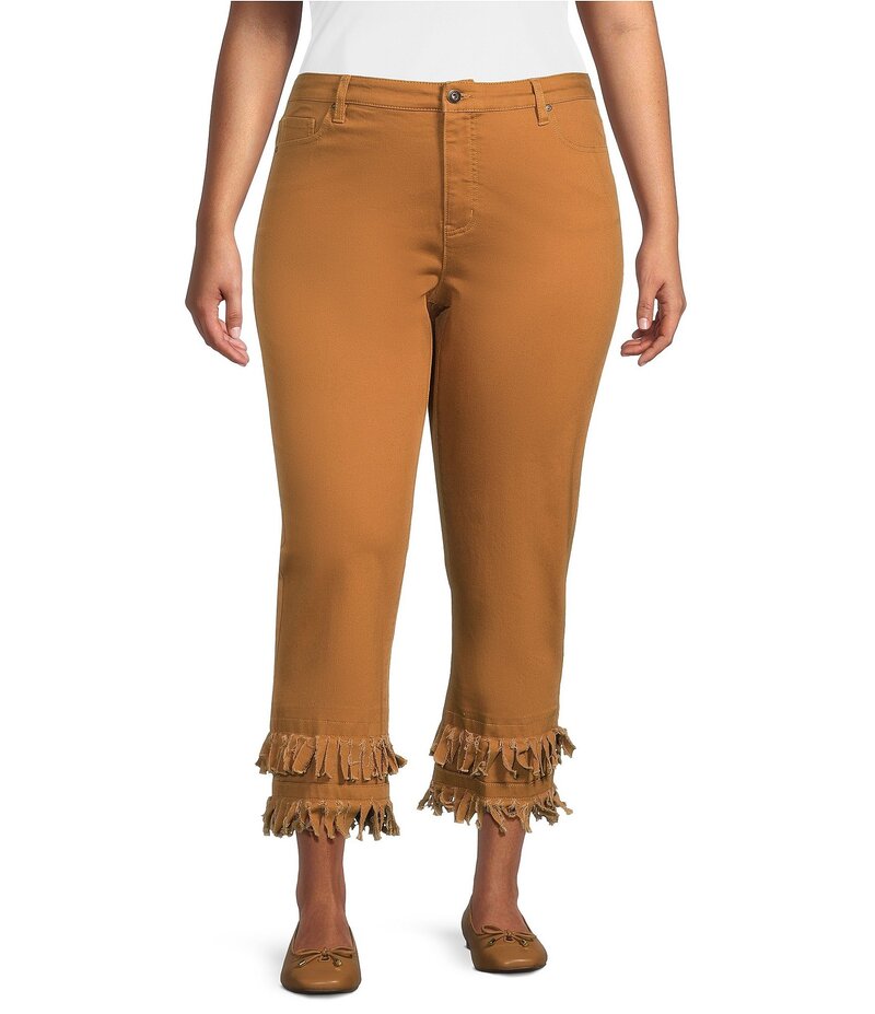 ジョン マーク レディース ボトムス カジュアルパンツ ストレート プラスサイズ ジーンズ フリンジ John Mark Plus Size Straight Leg 5-Pocket Fringe Hem Crop Jeans Camel キャメル
