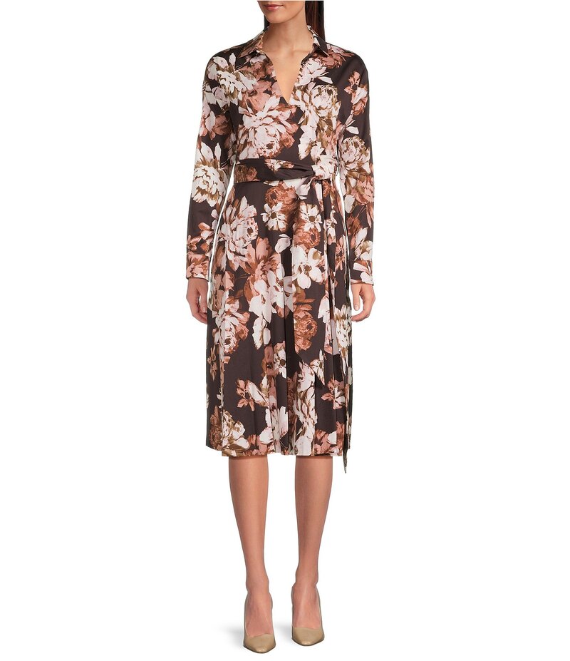 ダナキャラン レディース トップス ワンピース ラップワンピース Tシャツ コットン Donna Karan Cotton Sateen Long Sleeve Faux Wrap Dress Chocolate Plum プラム