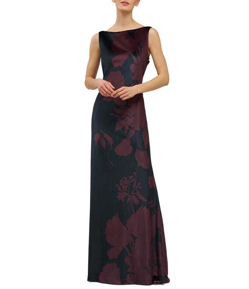 ケイ アンジャー レディース トップス ワンピース フラワー柄 プリント フラワー Kay Unger Pippa Boat Neck Floral Print Cowl Back Gown Deep Red/Black ブラック