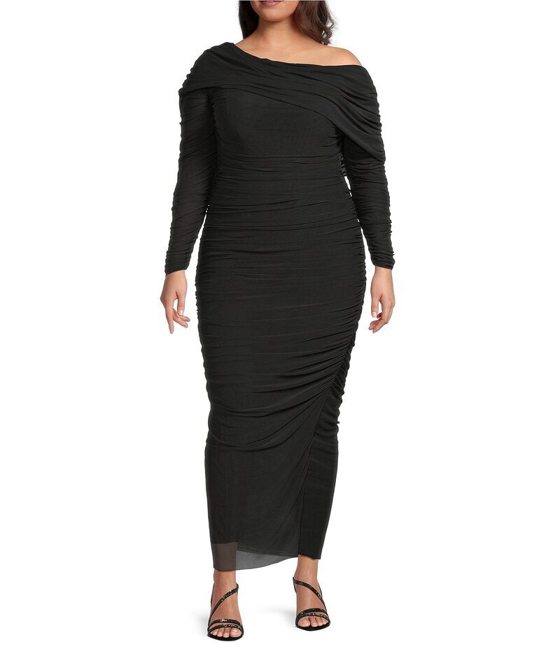 ベッツィアンドアダム レディース トップス ワンピース プラスサイズ メッシュ Betsy & Adam Plus Size One Shoulder Long Sleeve Mesh Gown Black ブラック