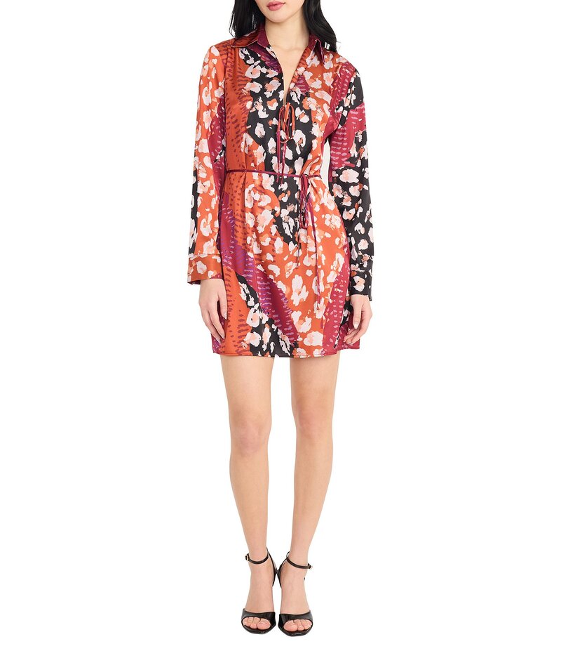 ドナモーガン レディース トップス ワンピース ジョーゼット プリント サテン Donna Morgan Printed Satin Georgette Long Sleeve Collared Dress Black/Rust/Orange ブラック