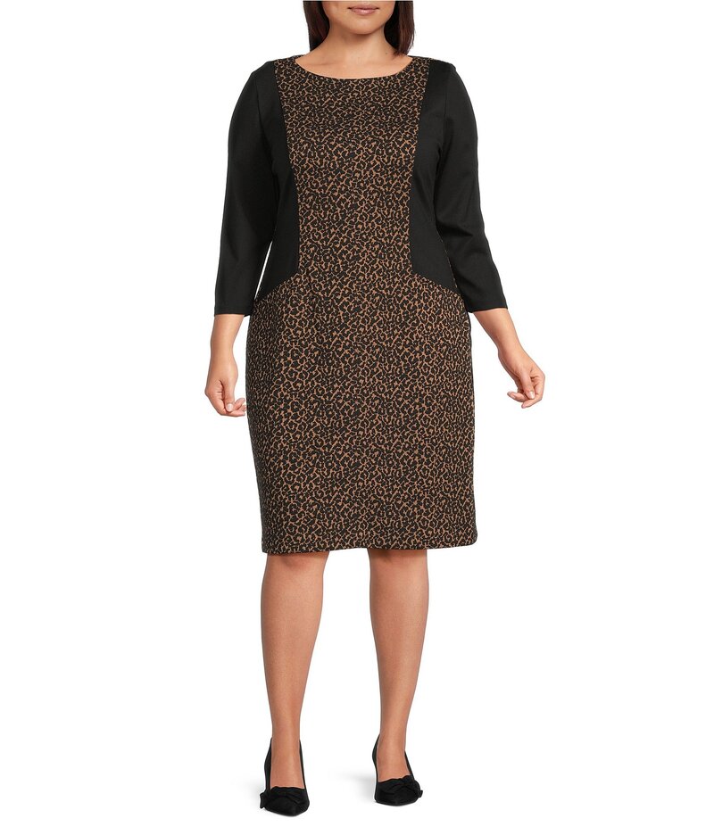 カスパール レディース トップス ワンピース プラスサイズ プリント ニット Kasper Plus Size Knit Jacquard Leopard Print Boat Neck 3/4 Sleeve Sheath Dress Leopard Multi マルチカラー｜ReVida 店