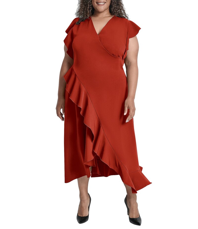 ダナキャラン レディース トップス ワンピース ミディワンピース プラスサイズ フリル ミディ キャップ DKNY by Donna Karan Plus Size Salon Stretch Ruffle Cap Sleeve Midi Dress Cinnamon