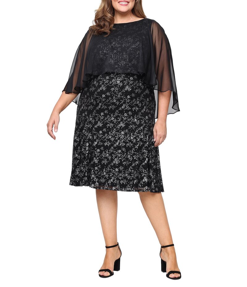 イグナイト レディース トップス ワンピース シフォン プラスサイズ プリント オーバーレイ スパンコール Ignite Evenings Plus Size Printed Sequin Tea Length Dress With Chiffon Overlay Black Silver ブラック