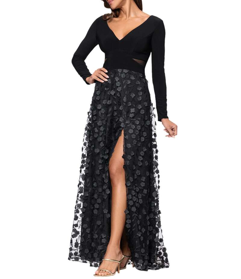 エスケープ レディース トップス ワンピース Vネック プチ スカート ニット ジャージー Xscape Petite Size Jersey Knit Long Sleeve V-Neck Top 3D Flower Skirt Gown Black ブラック