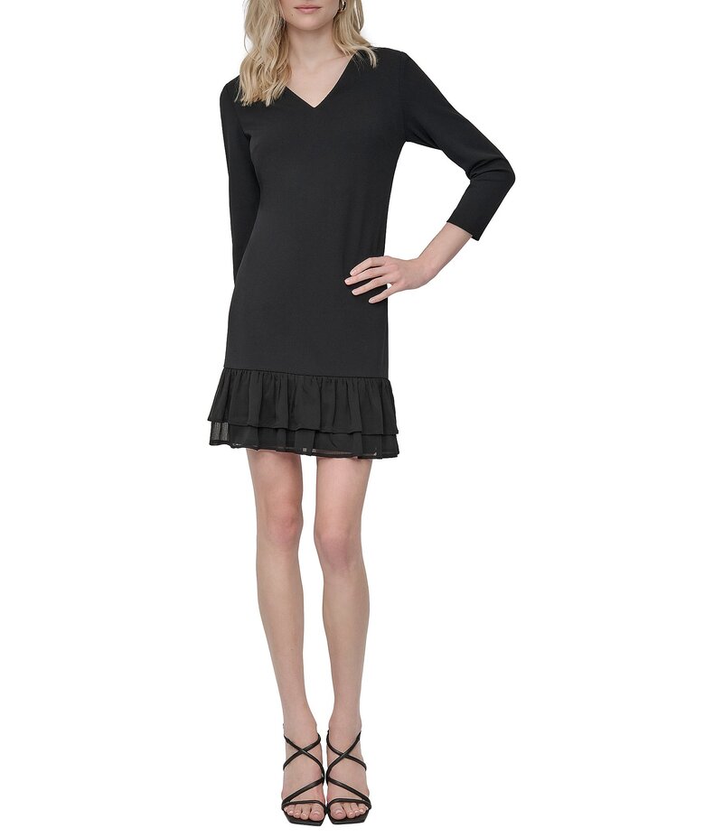 ダナキャラン レディース トップス ワンピース フリル裾 Vネック クレープ フリル スキューバ DKNY by Donna Karan Scuba Crepe V-Neck Long Sleeve Ruffle Hem Sheath Silhouette Black ブラック