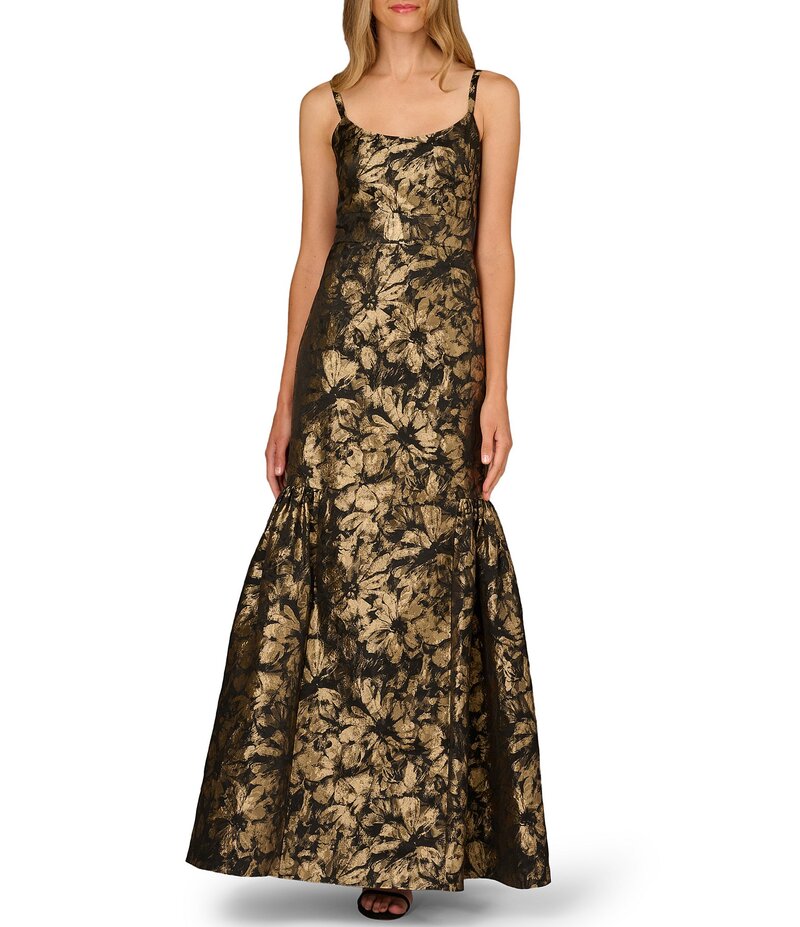 アイダンマットックス レディース トップス ワンピース フラワー柄 ノースリーブ フラワー Aidan Mattox Floral Jacquard Scoop Neckline Sleeveless Mermaid Dress Black Gold ブラック