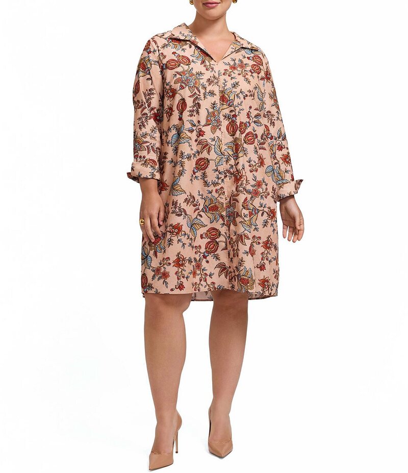 フォックスクラフト レディース トップス ワンピース コーデュロイ フラワー柄 プラスサイズ プリント フラワー Foxcroft Plus Size Agnes Floral Autumn Print Long Sleeve Corduroy Dress Camel Multi キャメル