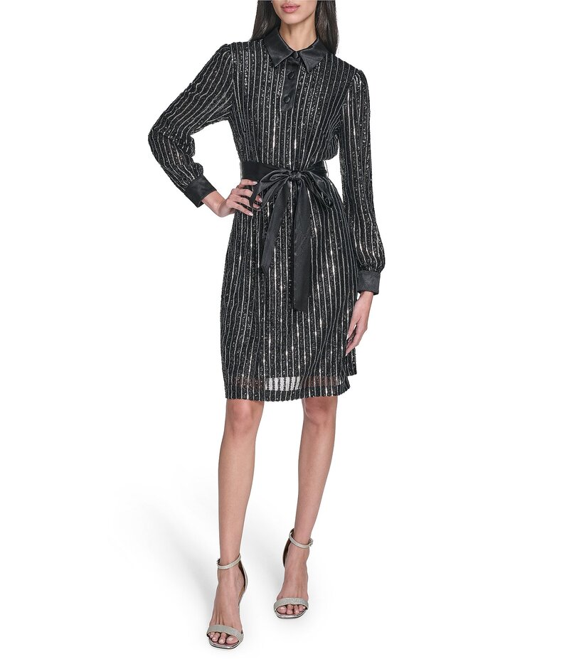 エリザジェイ レディース トップス ワンピース シャツワンピース A ライン シャツ スパンコール Eliza J Sequin Collared Long Sleeve A-Line Shirt Dress Black Silver ブラック 34,320円