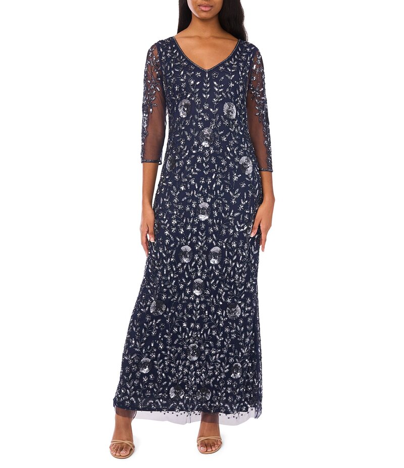 ピサッロナイツ レディース トップス ワンピース Vネック メッシュ Pisarro Nights Beaded Mesh V-Neck 3/4 Sleeve Sheath Dress Navy/Gunmetal ネイビー
