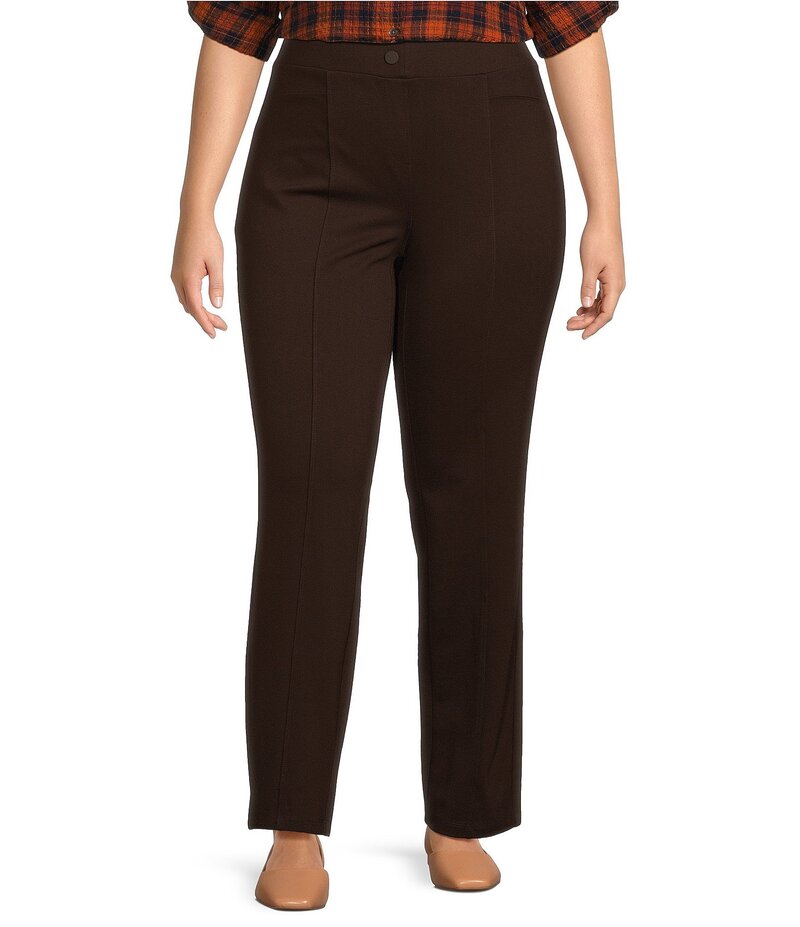 イントロ レディース ボトムス カジュアルパンツ ストレート プラスサイズ パンツ ニット Intro Plus Size Bella Solid Double Knit Slim Hem Straight Leg Pants Espresso Roast