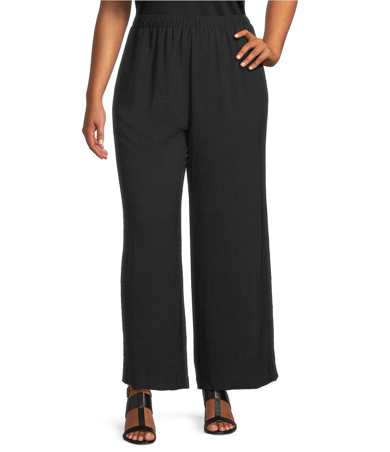 アイシーコレクション レディース ボトムス カジュアルパンツ ワイドレッグ プラスサイズ パンツ IC Collection Plus Size Crinkled Woven Elastic Waist Wide Leg Pull-On Pants Black ブラック