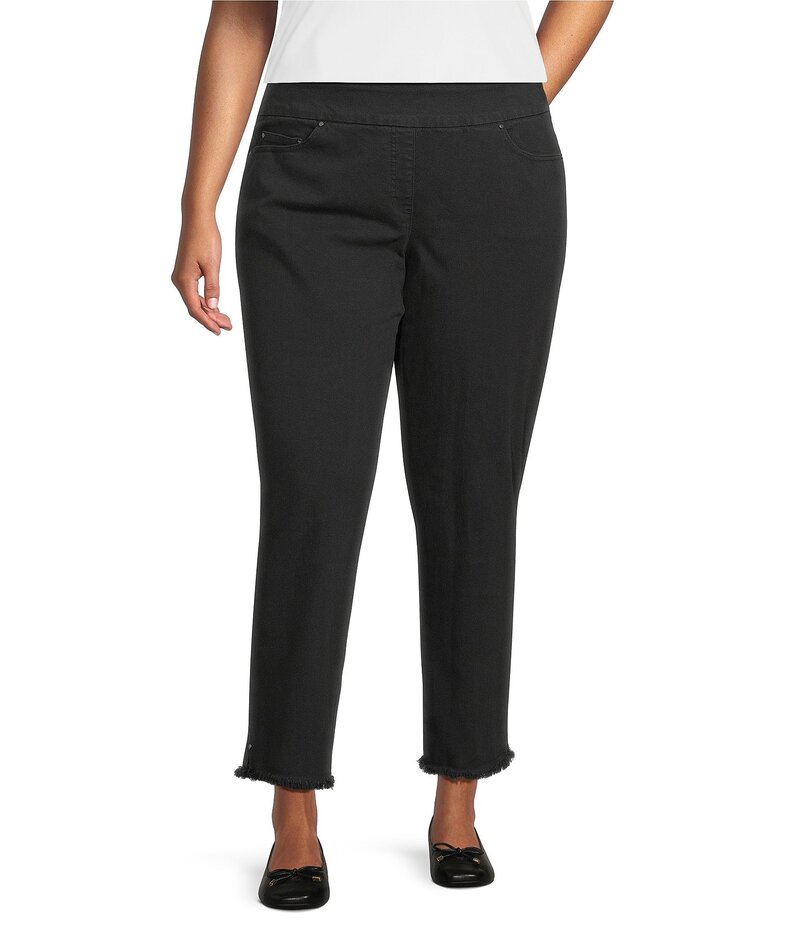 マルチプルズ レディース ボトムス カジュアルパンツ ストレート プラスサイズ パンツ アンクル フリンジ Multiples Plus Size Solid Garment Dyed Straight Leg Fringe Hem Pull-On Ankle Pants Black ブラック｜ReVida 店