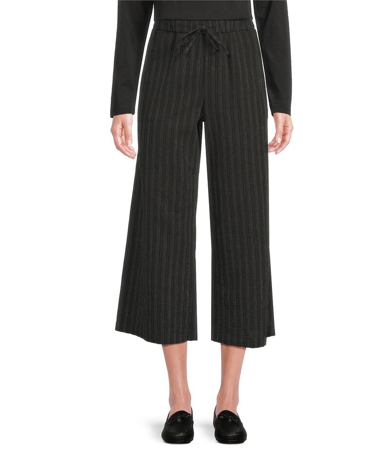 エイリーンフィッシャー レディース ボトムス カジュアルパンツ パンツ コットン Eileen Fisher Organic Cotton Blend Yarn-Dyed Stripe Elastic Waist Wide Crop Pants Black ブラック