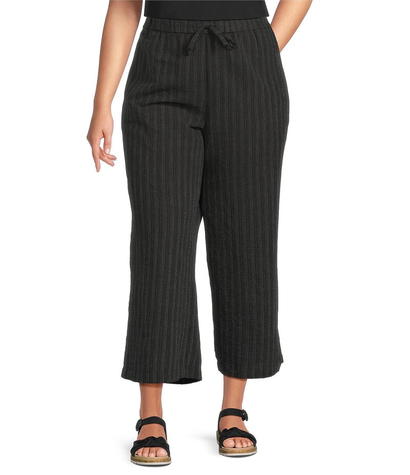 エイリーンフィッシャー レディース ボトムス カジュアルパンツ プラスサイズ パンツ コットン Eileen Fisher Plus Size Organic Cotton Blend Yarn-Dyed Stripe Elastic Waist Wide Crop Pants Black ブラック
