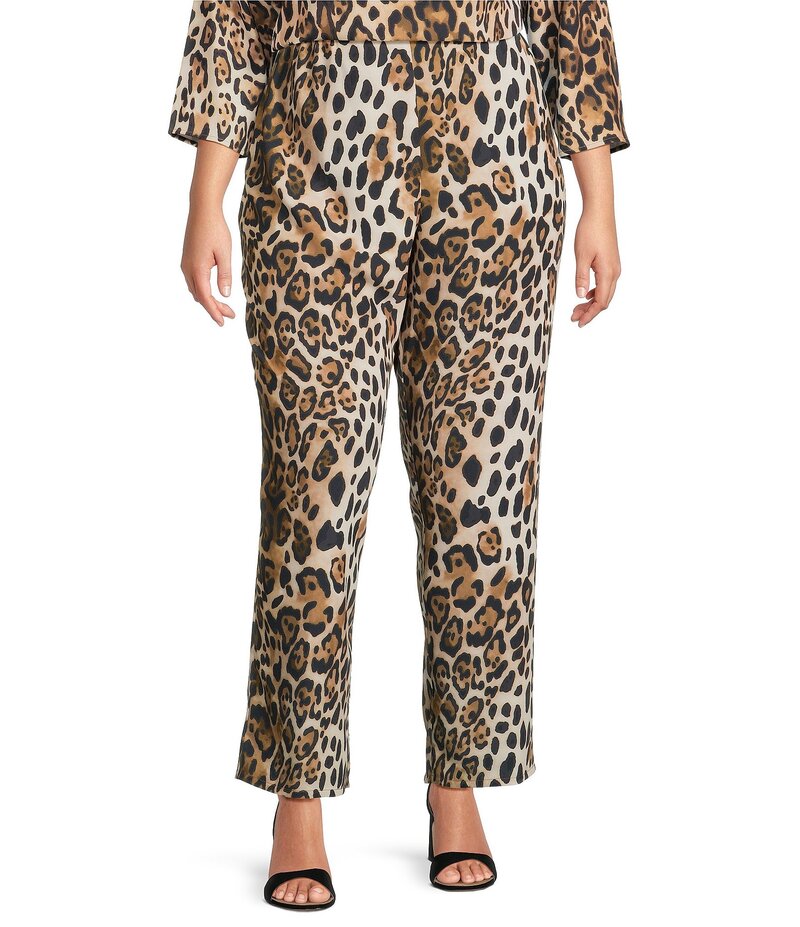 キャロライン ローズ レディース ボトムス カジュアルパンツ ストレート クレープ プラスサイズ プリント パンツ Caroline Rose Plus Coordinating Leopard Print Matte Crepe Flat Front Pull-On Straight Leg Pants Multi Black ブラック