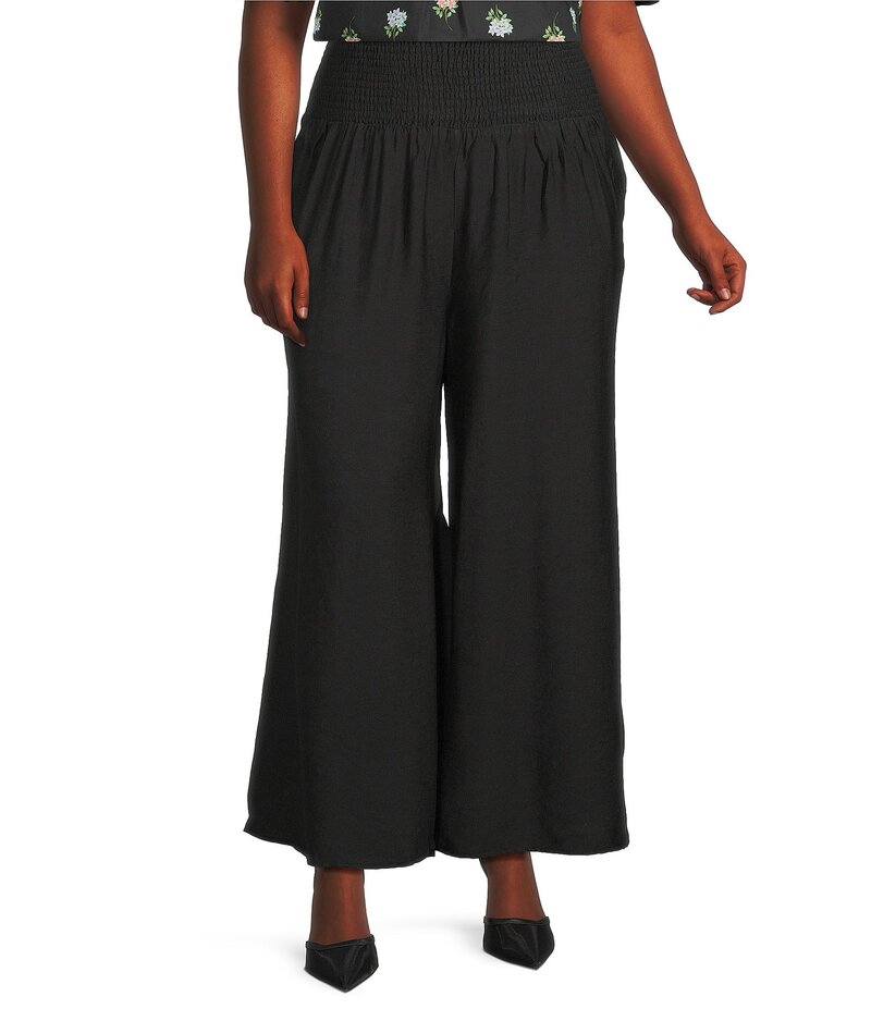 シュガーリップス レディース ボトムス カジュアルパンツ ワイドレッグ プラスサイズ パンツ シャーリング Sugarlips Plus Size Smocked Waist Wide Leg Pants Black ブラック｜ReVida 店